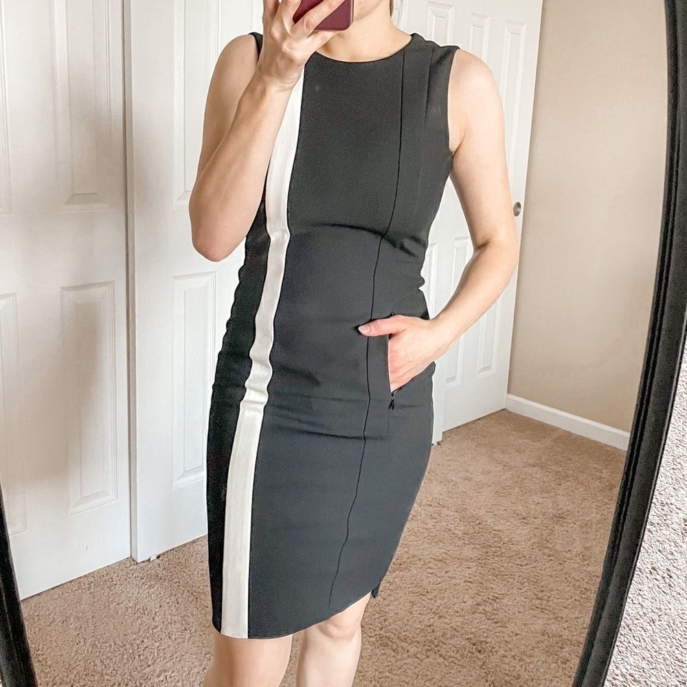 AKRIS Punto Contrast Stripe Sheath Dress Black Cream 2 - Picture 4 of 12